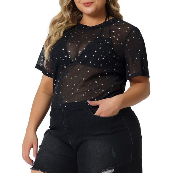 Mesh Top Plus Size Silver Star Print Short Sleeve Sheer Crop Tops Black - Picture 2 of 5